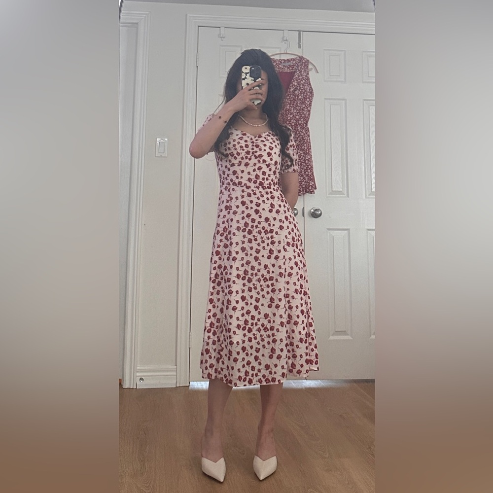 Floral Red and White Midi Dress